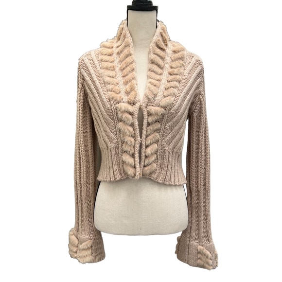 ROBERTO CAVALLI CREAM CASHMERE CROPPED CHUNKY KNIT SWEATER WITH FUR TRIM - Picture 1 of 16